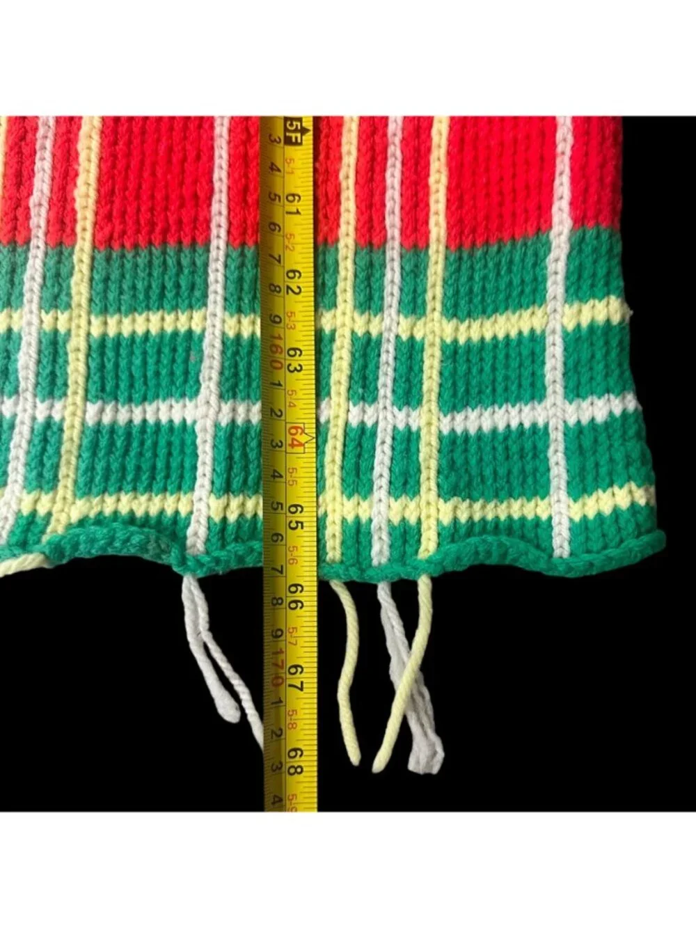 Vintage Handmade Afghan Blanket Red Green Plaid Crochet Fringe Retro Christmas